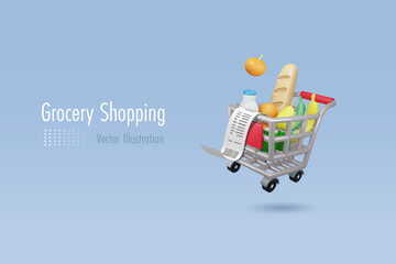 Foods and drink grocery in shopping trolley cart with receipt bill. Online shopping, delivery service, supermarket and discount store. 3D realistic cartoon character. Vector.  © Kate3155