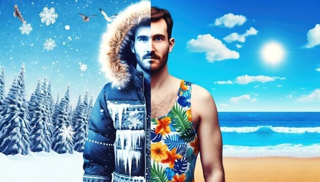 Stylized image of a man, half in winter clothing, half in swimsuit, with a snowy winter scene on one side and a summer beach on the other
