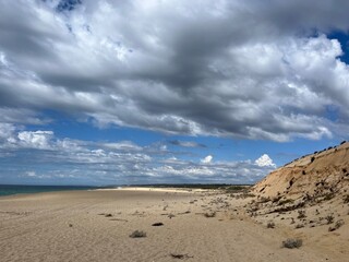 dunes at the ocean, cloudy sky, windy weather