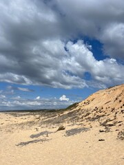 dunes at the ocean, cloudy sky, windy weather