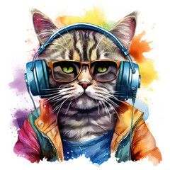 Dj cat with headphones and sunglasses Illustration, Generative Ai