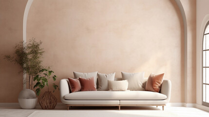 Fototapeta na wymiar modern couch with Scandinavian interior, light colours, interior design, comfortable living room