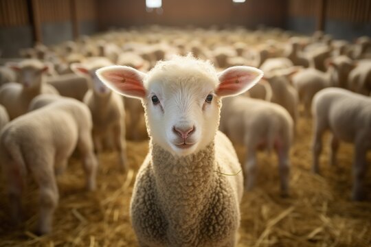 Portrait of a cute lamb on a background of sheep in the barn