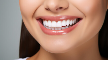 Obraz premium oung beautiful woman smiling on white background. Oral hygiene concept close up. Made with generative ai