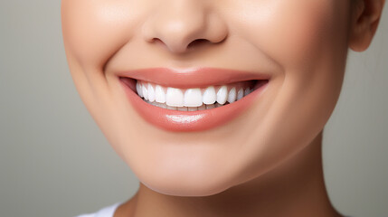 Obraz premium oung beautiful woman smiling on white background. Oral hygiene concept close up. Made with generative ai