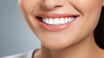 Fototapeta premium oung beautiful woman smiling on white background. Oral hygiene concept close up. Made with generative ai