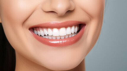 Obraz premium oung beautiful woman smiling on white background. Oral hygiene concept close up. Made with generative ai