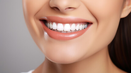 Obraz premium oung beautiful woman smiling on white background. Oral hygiene concept close up. Made with generative ai