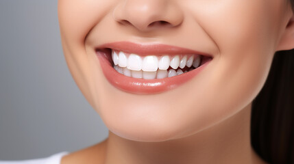 Obraz premium oung beautiful woman smiling on white background. Oral hygiene concept close up. Made with generative ai