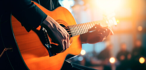 Musician play acoustic guitar on stage show performance, warm light dark halls.