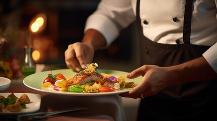 beautiful plate of food served in restaurant, gourmet, waiter food service, dinner, lunch