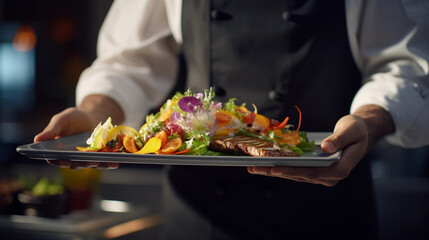 beautiful plate of food served in restaurant, gourmet, waiter food service, dinner, lunch