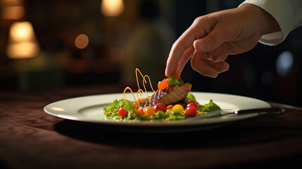beautiful plate of food served in restaurant, gourmet, waiter food service, dinner, lunch - obrazy, fototapety, plakaty