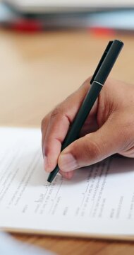 Insurance, writing or hands with document to sign application, checklist or contract for loan. Client, policy agreement closeup or person with legal form for compliance, will or asset management