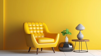 modern bright yellow interior design, white chair with minimalist table, trendy living room 