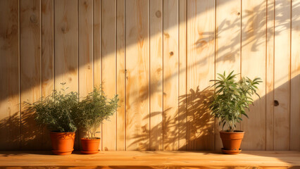Empty textured wooden wall with sunlight and beautiful shadow - abstract interior background