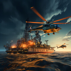 Helicopter visiting an oil rig in sunset