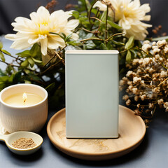 Beautiful mockup in neutral colors with candle and flowers on desk, front view