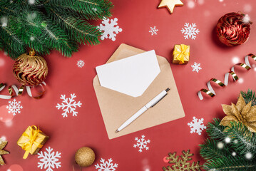 Santa's List Day. Letter to Santa background with empty card and envelope. Top view. Copy space