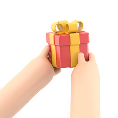 Transparent Backgrounds Mock-up.3d render. Festive clip art isolated on white background. hands hold gift box with golden bow. Christmas social icon
