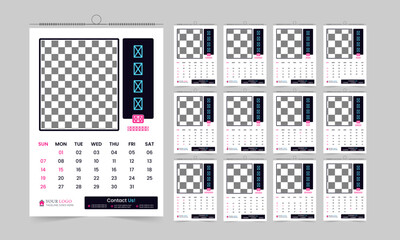 Editable 2024 wall calendar design, 12 page high-quality print-ready calendar vector template 