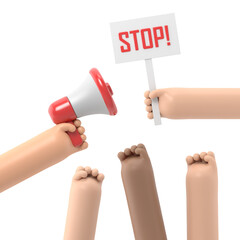 Cartoon hands of demonstrants and hand with Megaphone and stop sign,protest concept,revolution,conflict,Supports PNG files with transparent backgrounds.
