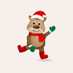 Vector realistic cute Christmas reindeer with Christmas hat and red scarf
