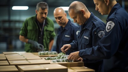 Custom inspection process, medium shot of officers meticulously checking imported goods, emphasizing the scrutiny and formalities required for global trade. - obrazy, fototapety, plakaty