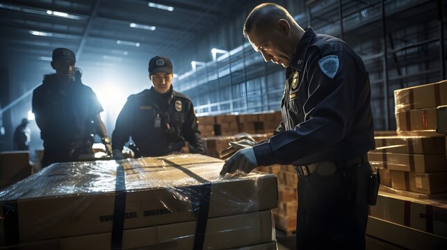 Custom inspection process, medium shot of officers meticulously checking imported goods, emphasizing the scrutiny and formalities required for global trade.