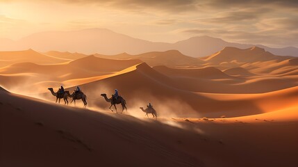 Fototapeta na wymiar Desert caravan in motion, panoramic shot of camels and traders crossing vast desert expanses, showcasing age-old trade routes amidst nature's majesty.