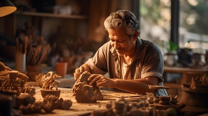 Artisan at work, close-up shot of a local craftsman intricately working on a piece, emphasizing the skills behind products that reach global markets.