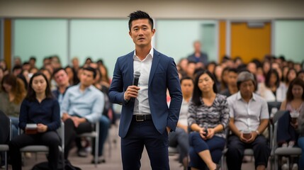 Intense pitch session, eye-level shot of a passionate entrepreneur articulating their vision to an attentive audience, the backdrop showcasing a compelling presentation slide.