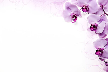 Frame of purple orchids on a white background with copy space.