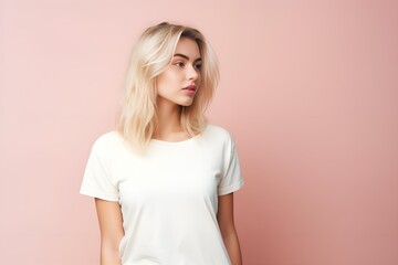Portrait of a blonde woman posing in a plain white t-shirt isolated on a pink background. Pensive portrait. Generative AI.