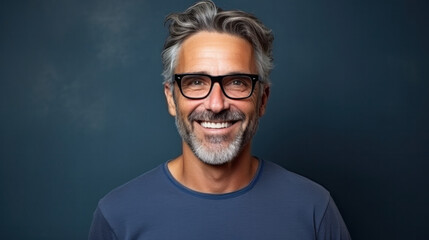 Portrait of a cheerful mature man with gray hair and glasses, wearing a blue shirt against a dark blue background, exuding confidence and charm