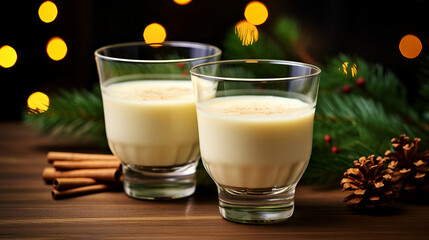Christmas milk drink with spices, eggnog, in glass glasses, holiday mood.