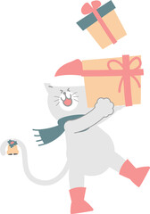 merry christmas and happy new year with cute cat and gift box, flat png transparent element cartoon character design