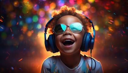 Portrait of a smiling little boy listening to music on large headphones. Colorful background