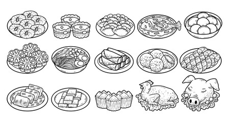 New year foods vector hand-drawn outline sketch illustration set