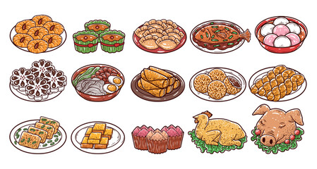 New year foods vector hand-drawn illustration set
