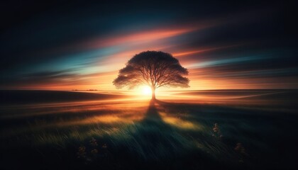 Compelling image of a lone tree in a vast landscape at dawn, symbolizing hope, new beginnings, and the possibilities of a new day
