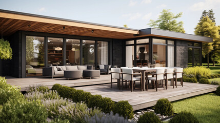 Fototapeta na wymiar Modern minimalist luxury home, nice outdoor area, real estate, beautiful house for sale