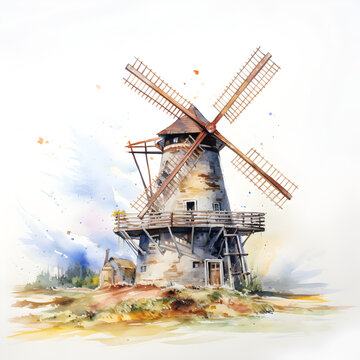 Windmill watercolor painting. Generative ai. 