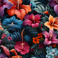 Seamless pattern of tropical flowers and leaves bold