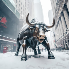The charging bull on wall street in the winter