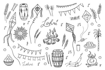 Celebrating the Indian festival Happy Lohri. Kite, rye, spikelet, drums, bonfire, wheat, harvest, sugarcane. Popular winter Punjabi folk festival. Great for greeting card, banner, poster. Hand drawn - obrazy, fototapety, plakaty