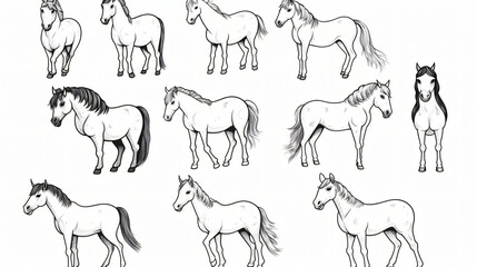 Doodle horse set. Hand drawn sketch style. Cute horse