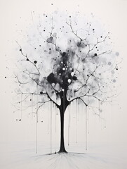 A monochromatic tree pattern with expressive drips, channeling muted tones, surrealism, and nature-inspired installations.