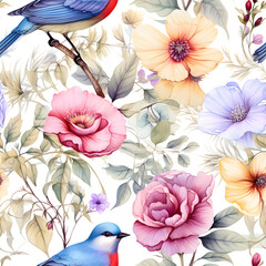 Seamless pattern of vintage watercolor flowers and bird
