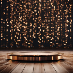 Round golden pedestal podium stage backdrop for Christmas product promotion platform display mockup, background of shiny particles curtain with copy space - obrazy, fototapety, plakaty